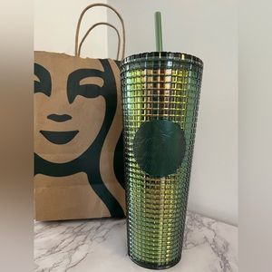 ⭐️ Starbucks Rainforest Grid Iridescent Venti Green Gold Tumbler- NEW